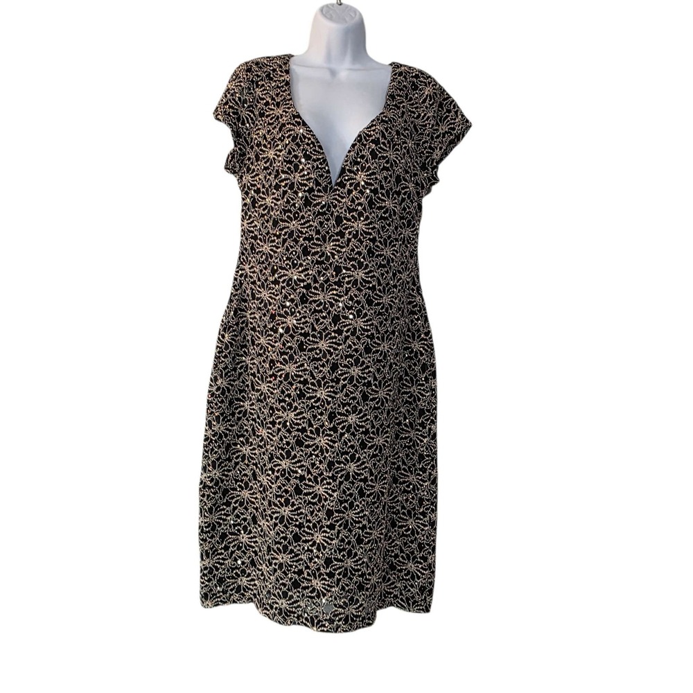 Connected Apparel Black Gold Lace Sequin V-Neck Cap Sleeve Dress Size 14